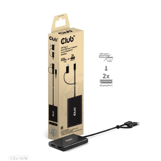 Club3D CSV-1478 USB Type-C/USB Type-A - 2x DisplayPort(4K60Hz) adapter