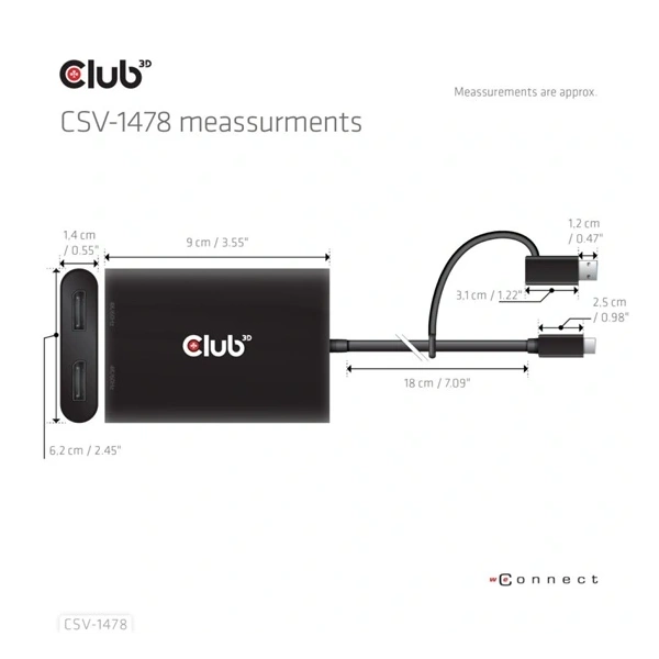 Club3D CSV-1478 USB Type-C/USB Type-A - 2x DisplayPort(4K60Hz) adapter