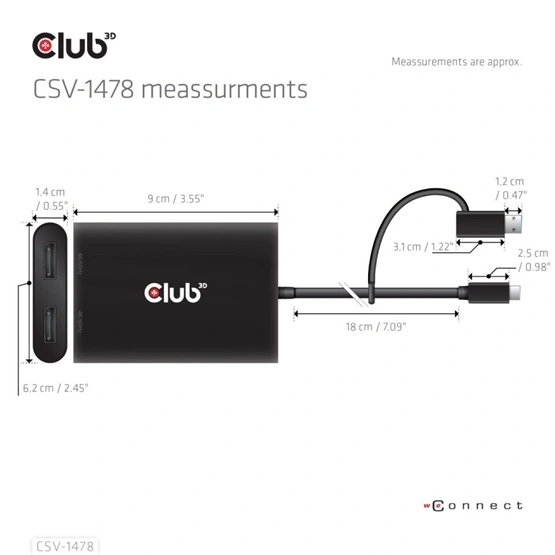 Club3D CSV-1478 USB Type-C/USB Type-A - 2x DisplayPort(4K60Hz) adapter