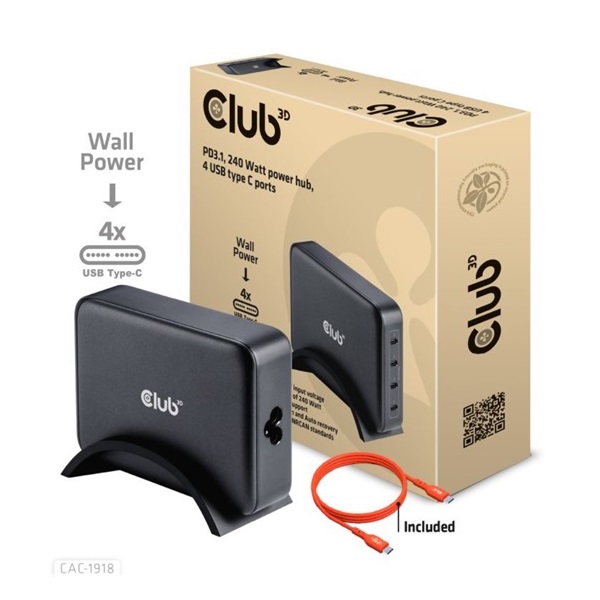 Club3D Travel Charger 240 Watt 4-portos USB Type-C hálózati töltő