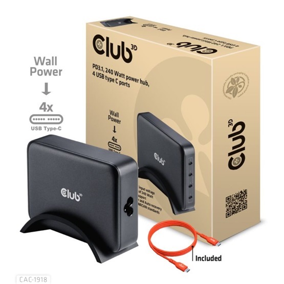 Club3D Travel Charger 240 Watt 4-portos USB Type-C hálózati töltő
