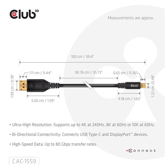 Club 3D CAC-1559 1m fekete USB-C - DisplayPort 2.1 kábel