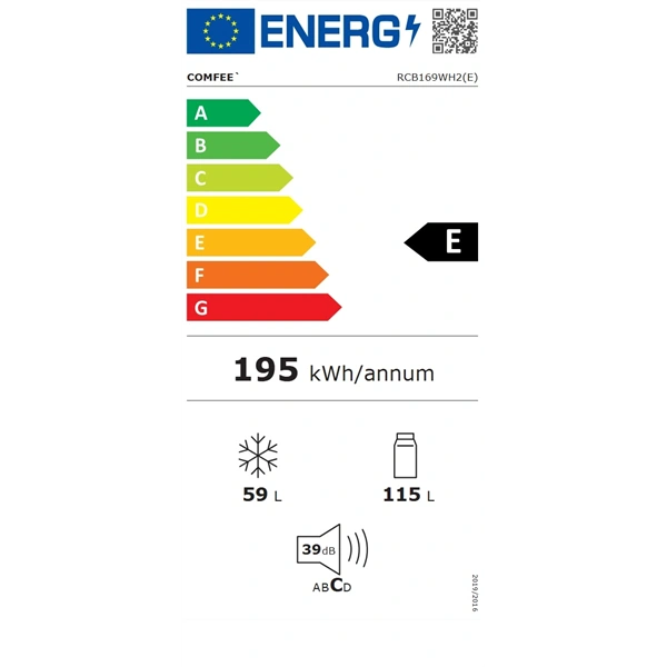 Comfee RCB169WH2(E) alulfagyasztós, Fehér, Hűtő:115L, Fagyasztó:59L, hűtőszekrény