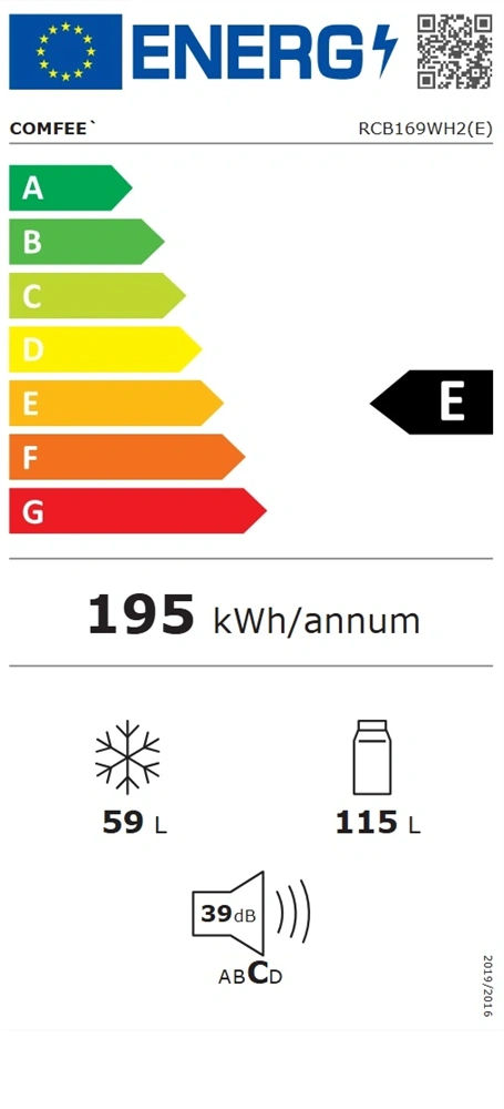 Comfee RCB169WH2(E) alulfagyasztós, Fehér, Hűtő:115L, Fagyasztó:59L, hűtőszekrény (Újszerű)