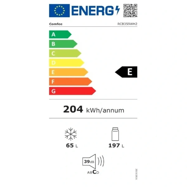 Comfee RCB359WH2 fehér, alulfagyasztós, Hűtő:197L, Fagyasztó:65L, hűtőszekrény (Újszerű)