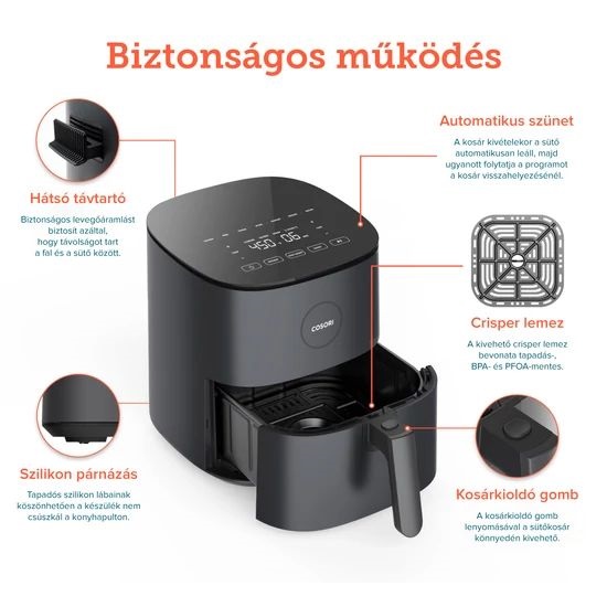 Cosori CAF-L501-KEU Pro fekete 4,7 L forrólevegős sütő