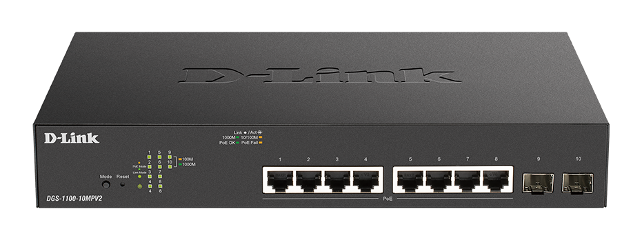 D-Link DGS-1100-10MPV2/E 8port GbE LAN 2x GbE SFP port PoE Smart switch