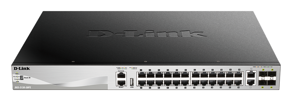 D-Link DGS-3130-30PS/E 24xGbE PoE LAN 2x10GbE LAN 4xSFP+ port L3 menedzselhető PoE switch