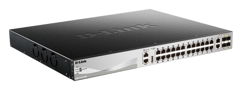 D-Link DGS-3130-30PS/E 24xGbE PoE LAN 2x10GbE LAN 4xSFP+ port L3 menedzselhető PoE switch