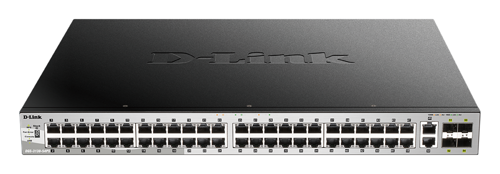 D-Link DGS-3130-54PS/E 48xGbE PoE LAN 2x10GbE LAN 4xSFP+ port L3 menedzselhető PoE switch