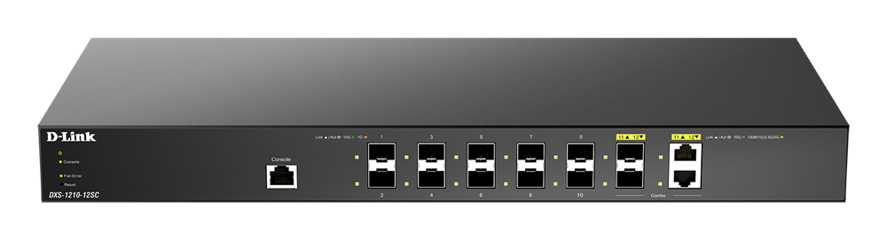 D-Link DXS-1210-12SC/E 10x 10GbE SFP+ 2x 10GbE SFP+/10G Base-T combo port L2 smart menedzselhető switch