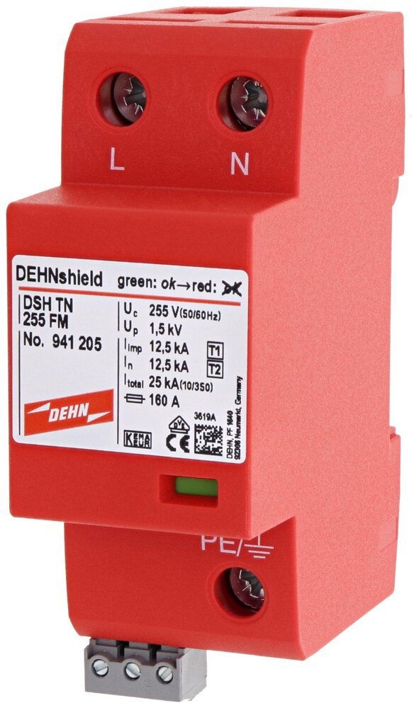 DEHN 9412 DSH TN 255 FM shield egyfázisú TN rendszerhez akalmazásoptimalizált 1. +2. típ. kombinált villámáram-levezető