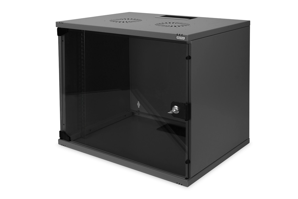 DIGITUS 19" 9U 460x540x400mm lapraszerelt üvegajtós fekete fali rack szekrény
