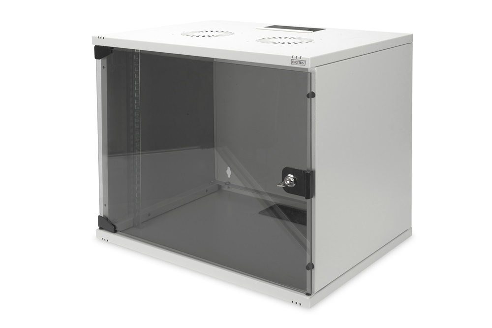 DIGITUS 19" 9U 460x540x400mm lapraszerelt üvegajtós szürke fali rack szekrény