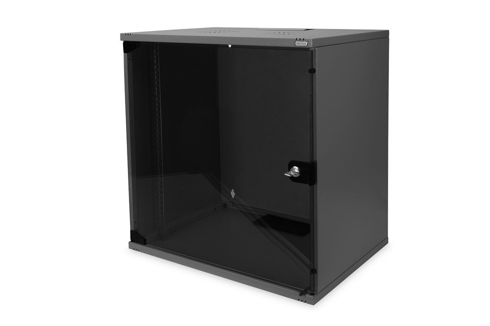 DIGITUS 19" 12U 595x540x400mm lapraszerelt üvegajtós fekete fali rack szekrény