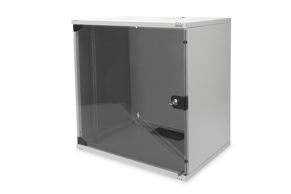 DIGITUS 19" 12U 595x540x400mm lapraszerelt üvegajtós szürke fali rack szekrény