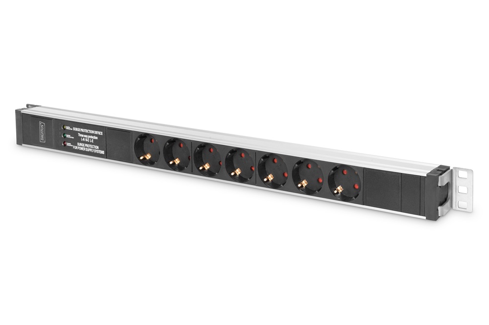 DIGITUS 1U PDU 230V 16A 7xCEE 7/3 aljzat CEE7/7 csatlakozó túlfeszültség védelemmel és vonalszűrővel 2M elosztósor
