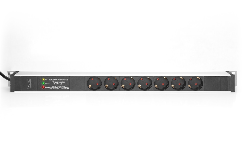 DIGITUS 1U PDU 230V 16A 7xCEE 7/3 aljzat CEE7/7 csatlakozó túlfeszültség védelemmel és vonalszűrővel 2M elosztósor