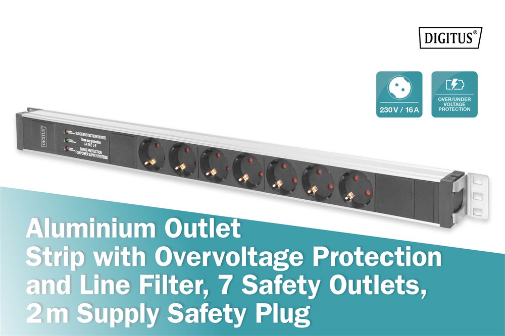 DIGITUS 1U PDU 230V 16A 7xCEE 7/3 aljzat CEE7/7 csatlakozó túlfeszültség védelemmel és vonalszűrővel 2M elosztósor