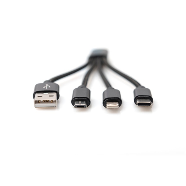 DIGITUS 3 az 1-ben USB type A - micro USB - USB type-C - Lightning fekete töltőkábel 0,15m