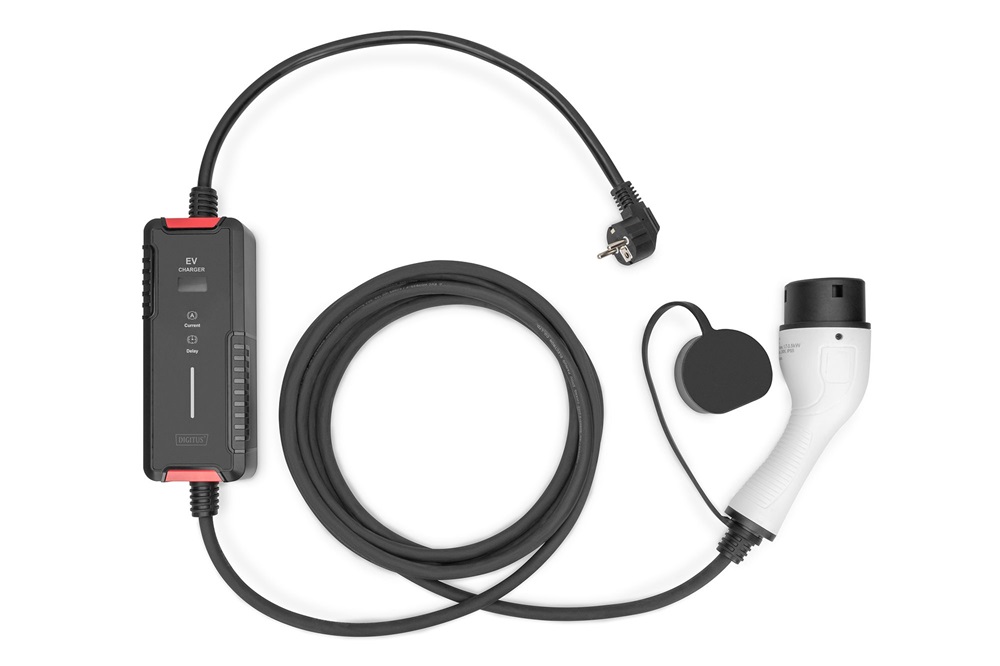 DIGITUS Állítható teljesítményü háztartási 230V 16A Type F 7/4 Type 2 Elektromos autó töltőkábel 10m