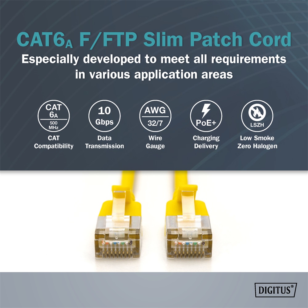 DIGITUS Cat.6A F/FTP LSZH 0,3m sárga slim patch kábel