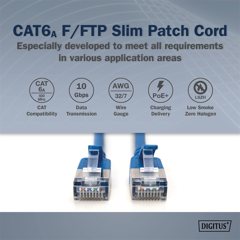 DIGITUS Cat.6A F/FTP LSZH 0,5m kék slim patch kábel
