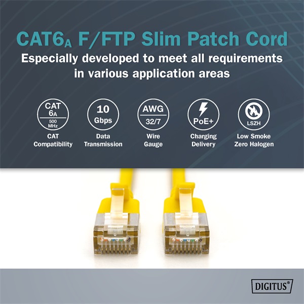 DIGITUS Cat.6A F/FTP LSZH 0,5m sárga slim patch kábel