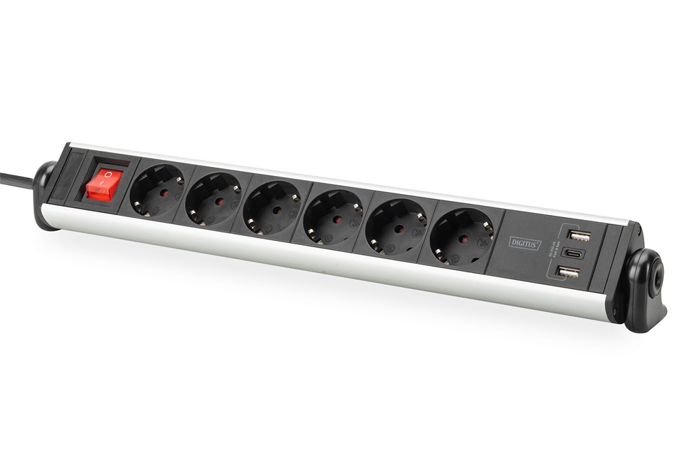 DIGITUS DA-70624 Asztali alumínium 6 schuko dugaljas 2x USB A 1x USB-C  port hálózati elosztó