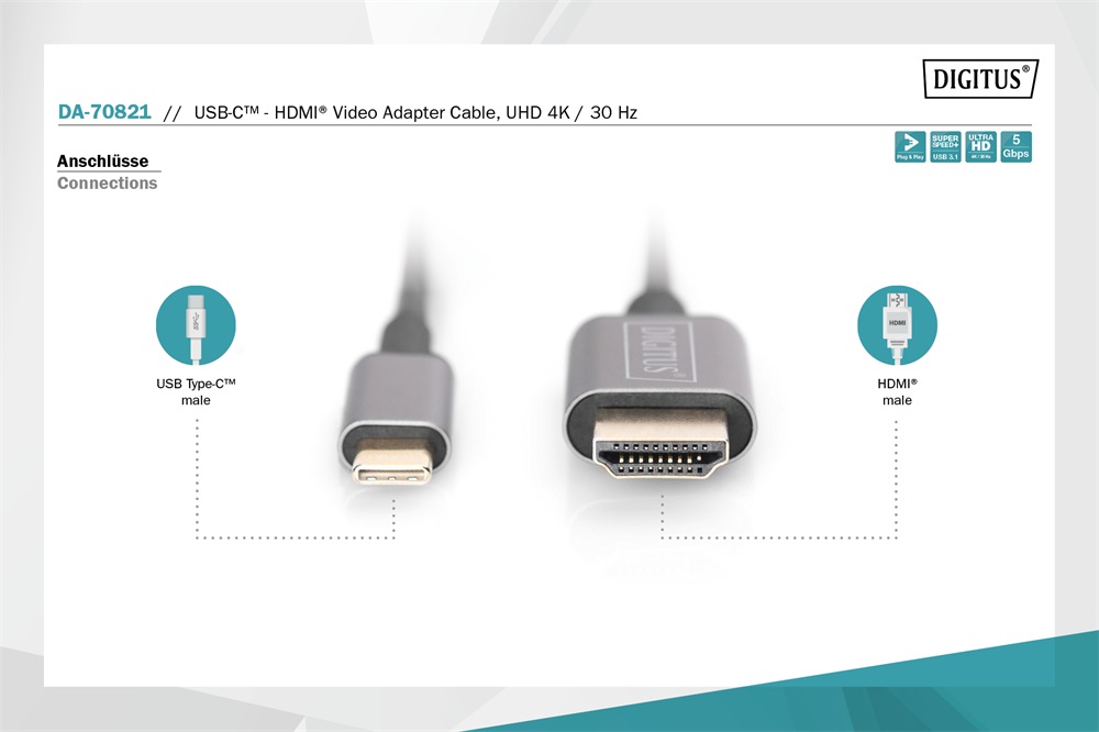 DIGITUS DA-70821 USB C - HDMI A 1,8m szürke video átalakító kábel