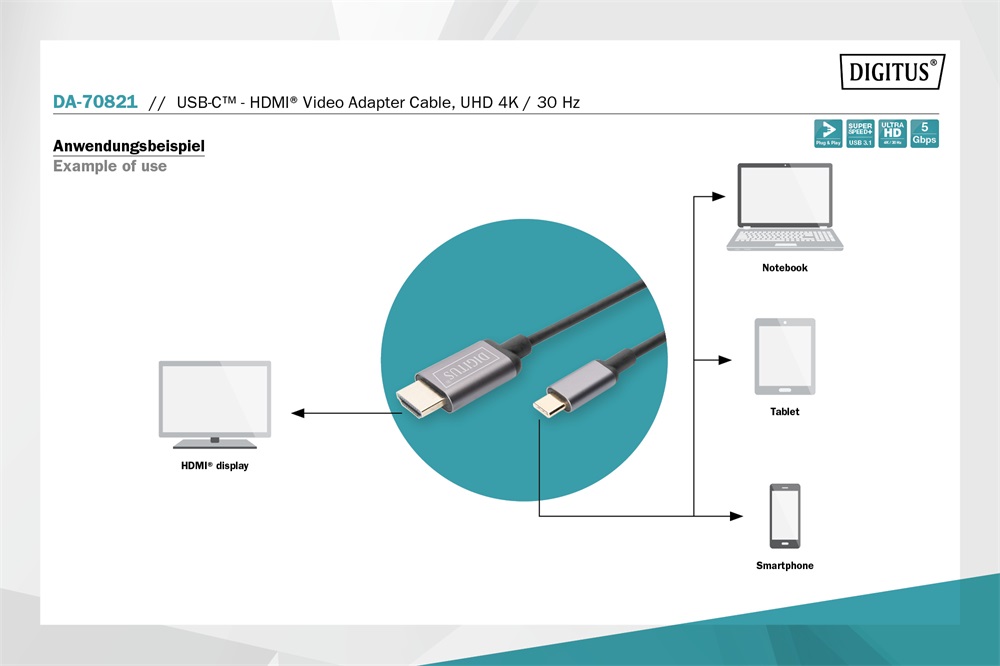 DIGITUS DA-70821 USB C - HDMI A 1,8m szürke video átalakító kábel