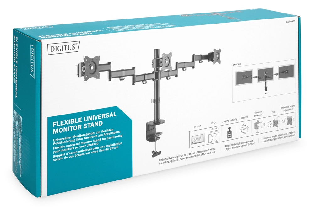 DIGITUS DA-90362 C-bilincses univerzális (VESA 75 / 100) 3-as fekete monitor tartó konzol