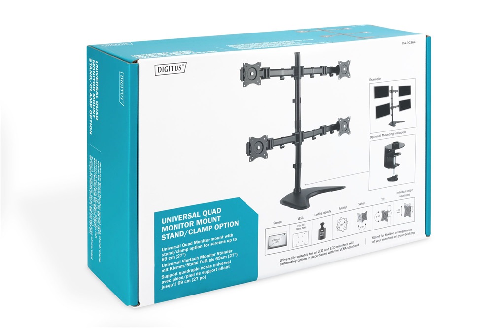 DIGITUS DA-90364 C-bilincses (VESA 75 / 100) univerzális 4-es fekete monitor állvány