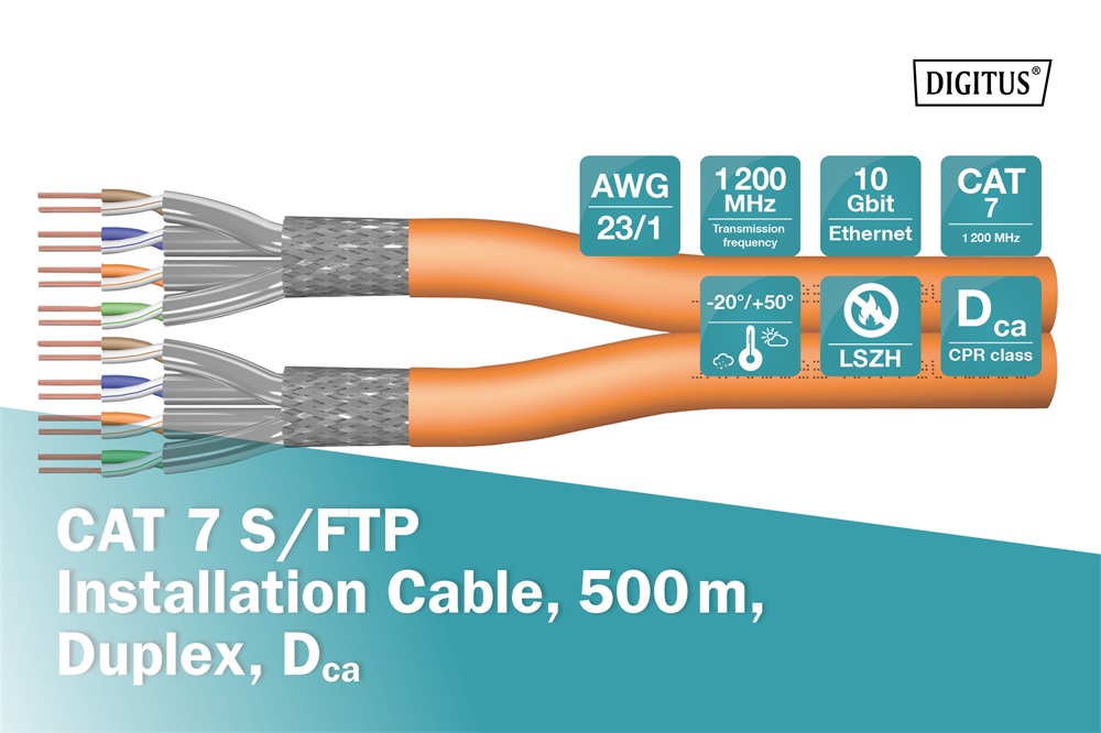 DIGITUS DK-1743-VH-D-5 Cat.7  S/FTP 1200MHz Dca LSZH 500m dob narancssárga fali kábel