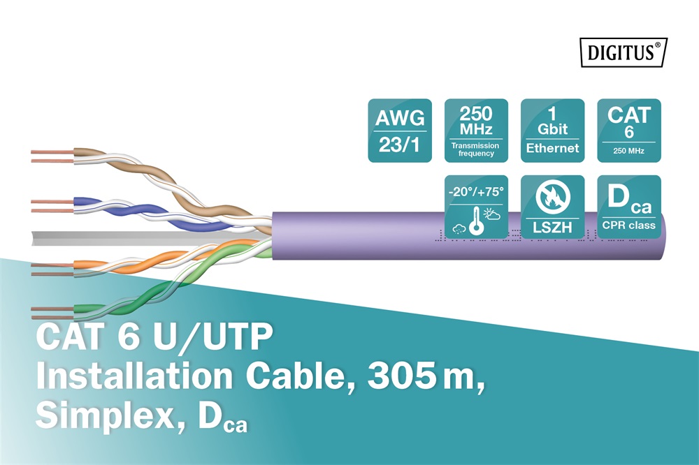 DIGITUS DK-1614-VH-D-5 Cat.6 U/UTP 250MHz Dca LSZH 500m dob lila dupla fali kábel