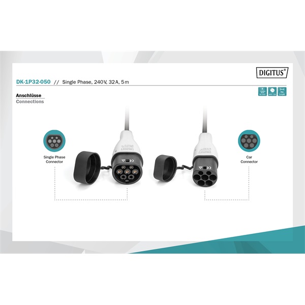 DIGITUS DK-1P32-050 Egyfázisú Type 2 to Type 2 230V 32A Elektromos autó töltőkábel 5m