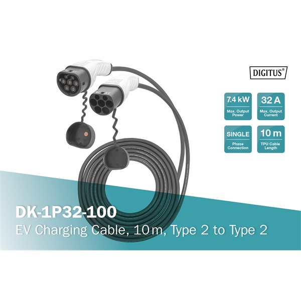 DIGITUS DK-1P32-100 Egyfázisú Type 2 to Type 2 230V 32A Elektromos autó töltőkábel 10m