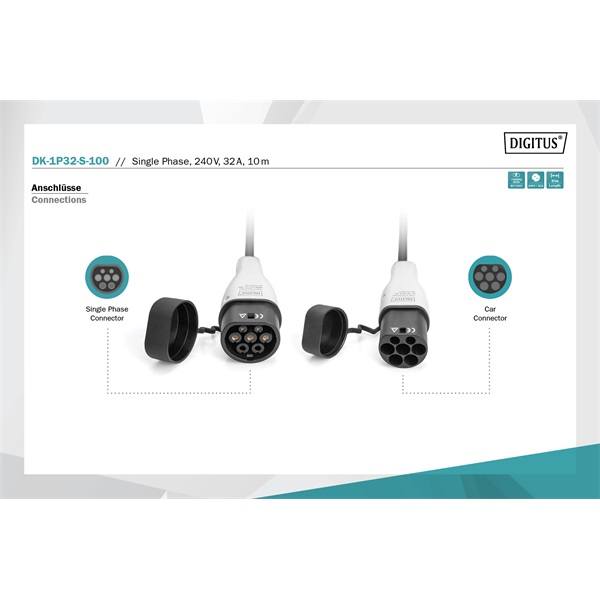 DIGITUS DK-1P32-S-100 Egyfázisú Type 2 to Type 2 230V 32A Elektromos autó spirál töltőkábel 10m