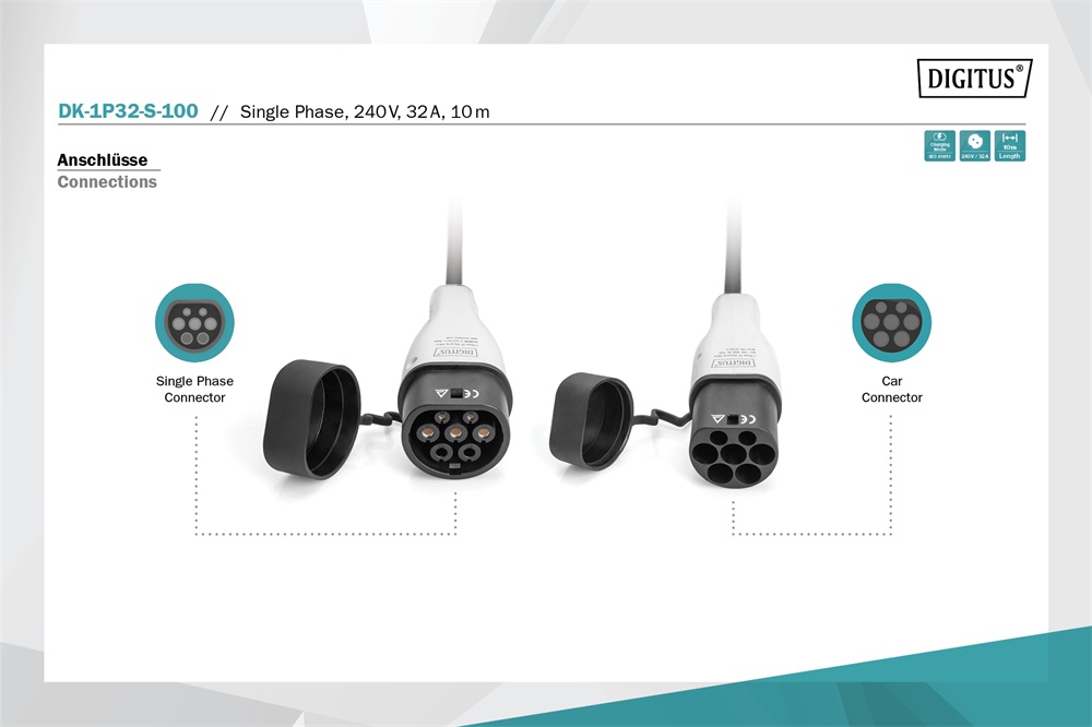 DIGITUS DK-1P32-S-100 Egyfázisú Type 2 to Type 2 230V 32A Elektromos autó spirál töltőkábel 10m