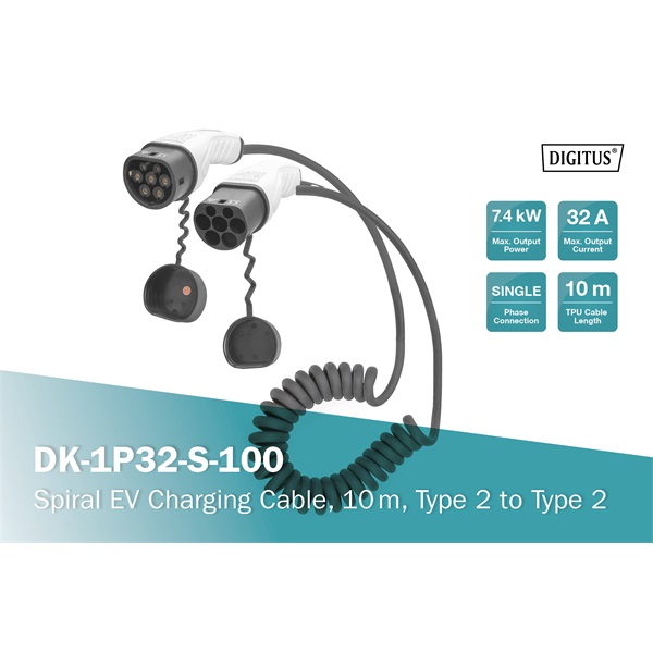 DIGITUS DK-1P32-S-100 Egyfázisú Type 2 to Type 2 230V 32A Elektromos autó spirál töltőkábel 10m