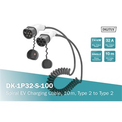 DIGITUS DK-1P32-S-100 Egyfázisú Type 2 to Type 2 230V 32A Elektromos autó spirál töltőkábel 10m