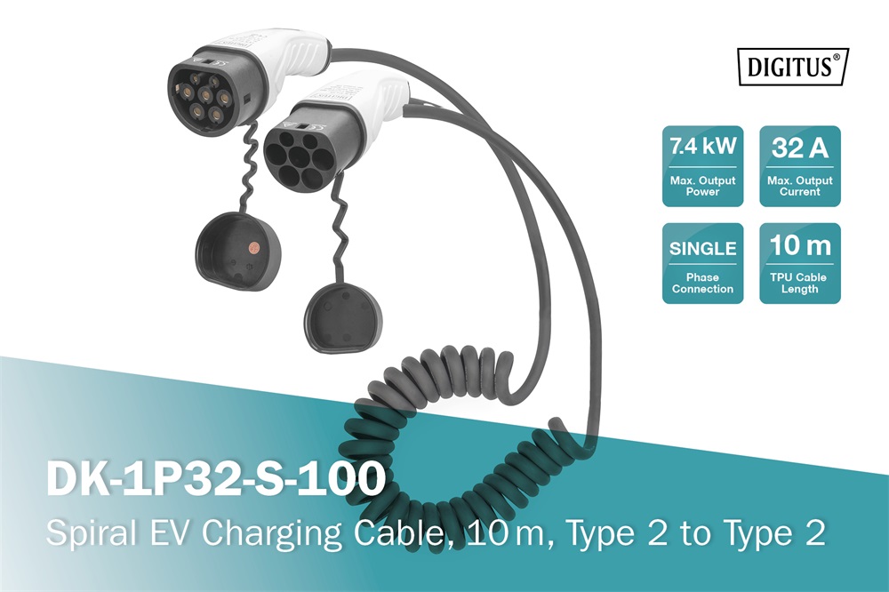 DIGITUS DK-1P32-S-100 Egyfázisú Type 2 to Type 2 230V 32A Elektromos autó spirál töltőkábel 10m