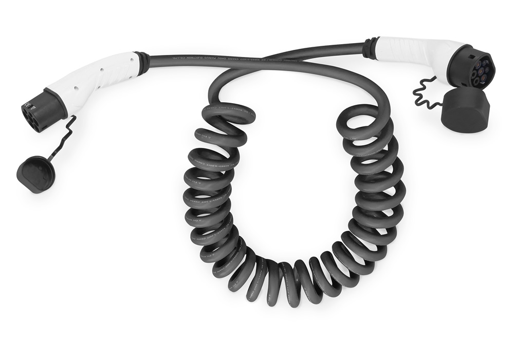 DIGITUS DK-1P32-S-100 Egyfázisú Type 2 to Type 2 230V 32A Elektromos autó spirál töltőkábel 10m