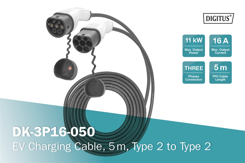 DIGITUS DK-3P16-050 Háromfázisú Type 2 to Type 2 400V 16A Elektromos autó töltőkábel 5m