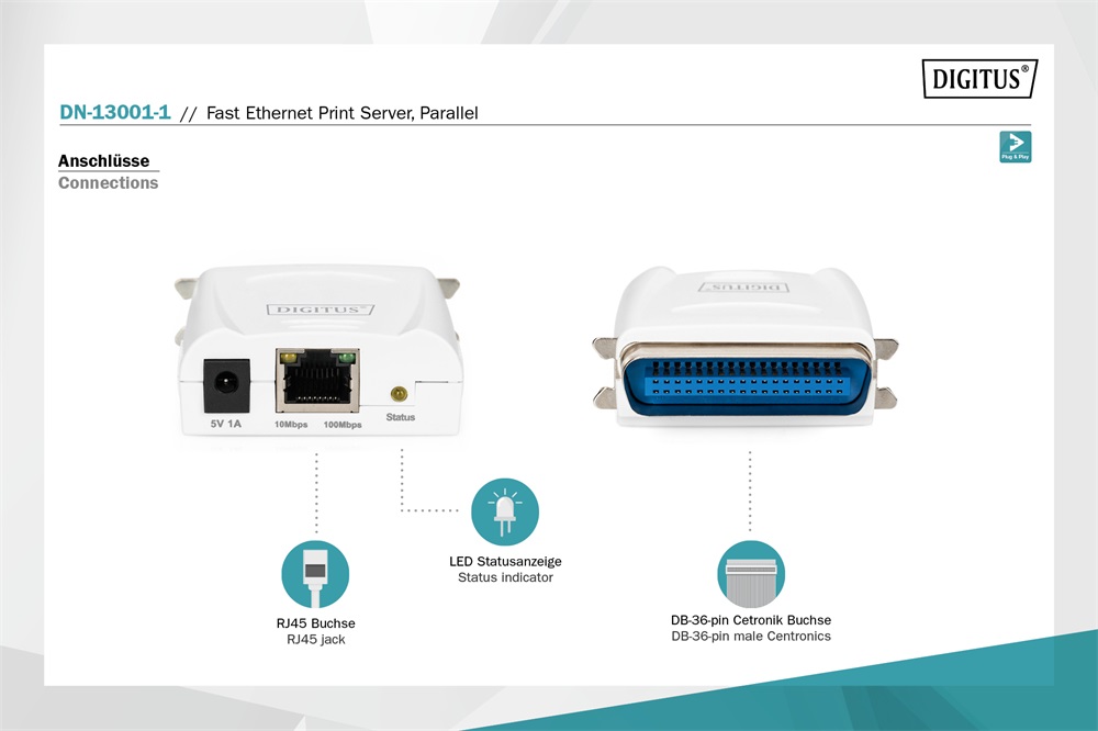 DIGITUS DN-13001-1 Fast Ethernet párhuzamos nyomtatószerver