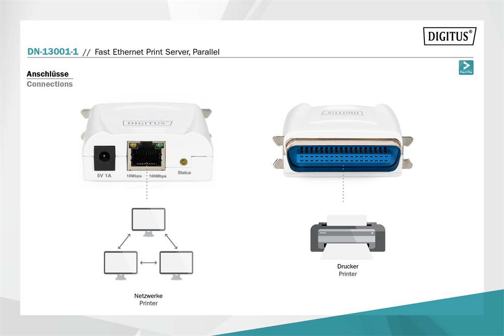 DIGITUS DN-13001-1 Fast Ethernet párhuzamos nyomtatószerver