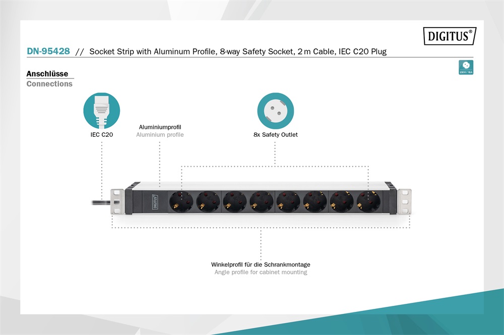 DIGITUS DN-95428 1U rack alu 8 schuko dugaljas C20-as tápcsatlakozós hálózati elosztó