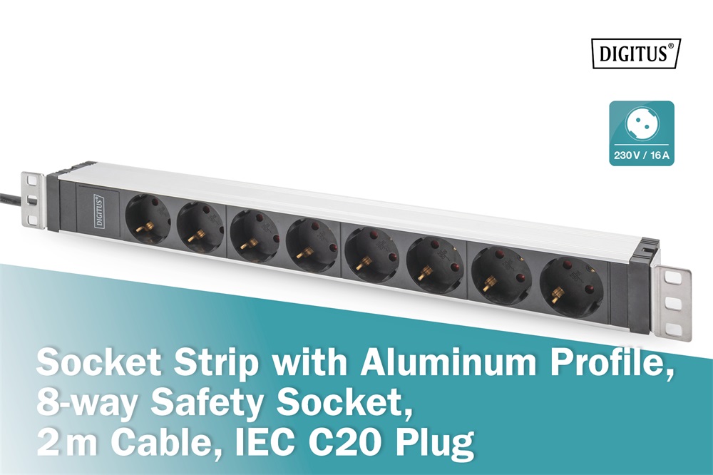 DIGITUS DN-95428 1U rack alu 8 schuko dugaljas C20-as tápcsatlakozós hálózati elosztó