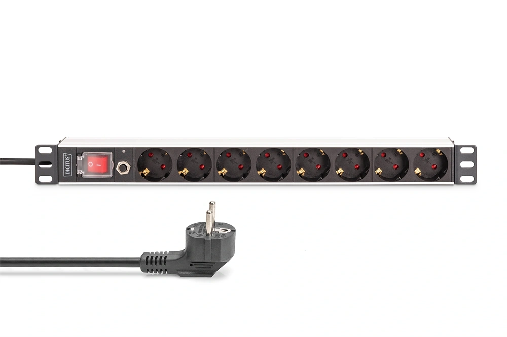 DIGITUS DN-95436 19" 1U PDU 250V 16A 8xCEE7/3 aljzat CEE7/7 csatlakozó kapcsolóval túlterhelés védelemmel 2M elosztósor