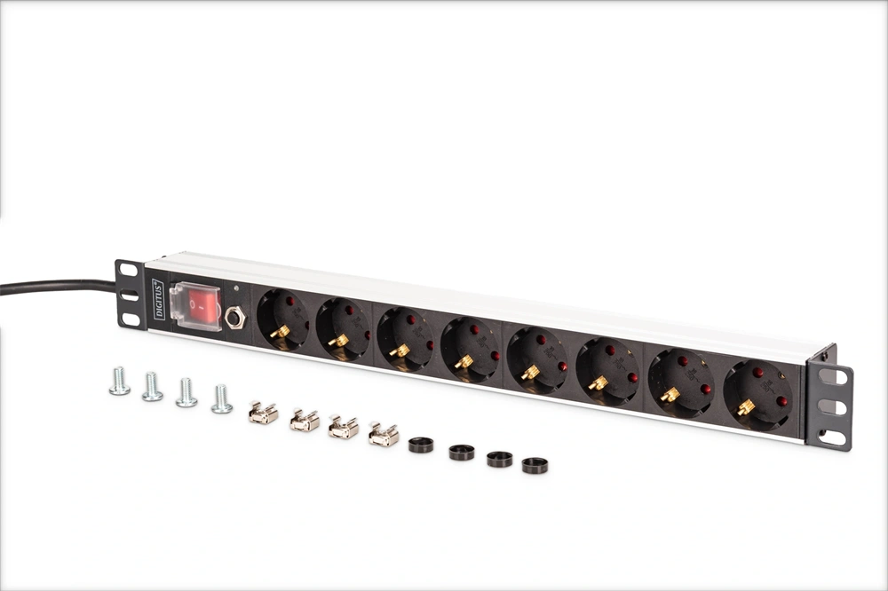 DIGITUS DN-95436 19" 1U PDU 250V 16A 8xCEE7/3 aljzat CEE7/7 csatlakozó kapcsolóval túlterhelés védelemmel 2M elosztósor